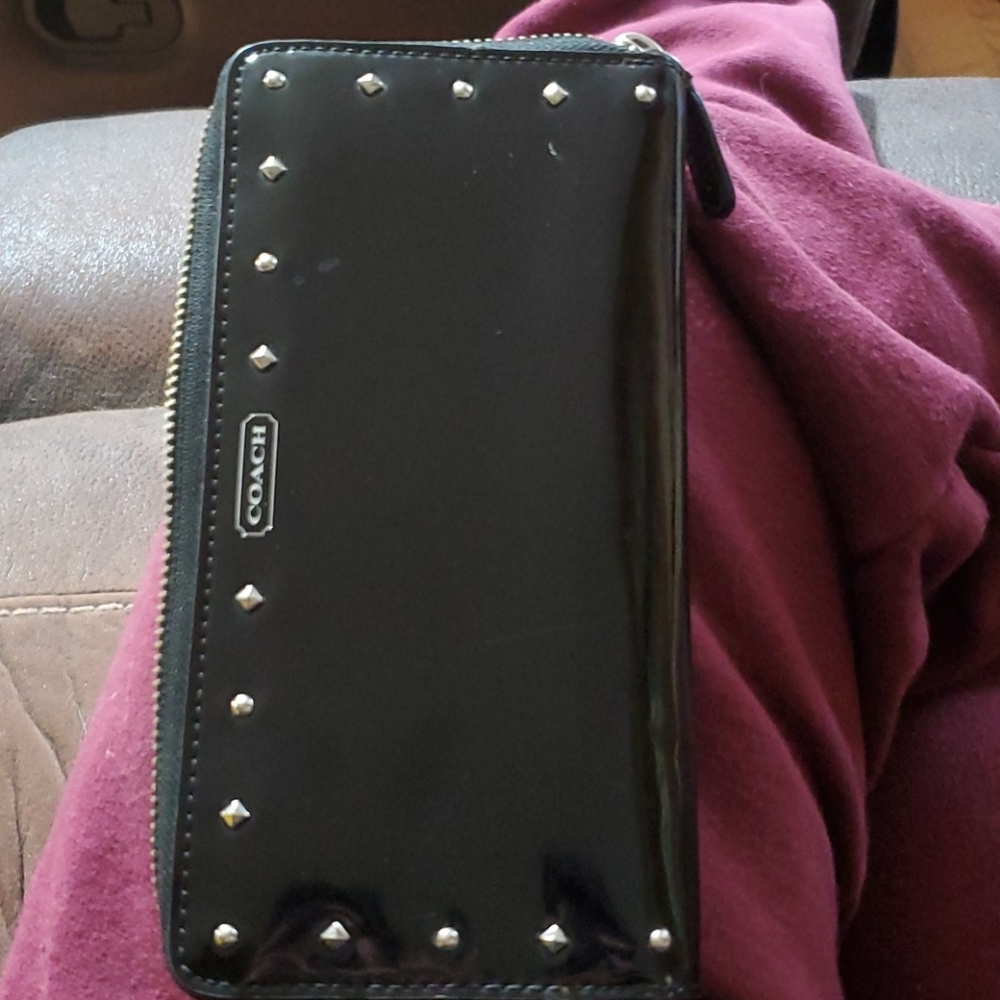 Coach Patent Leather Zip Around Wallet - Black